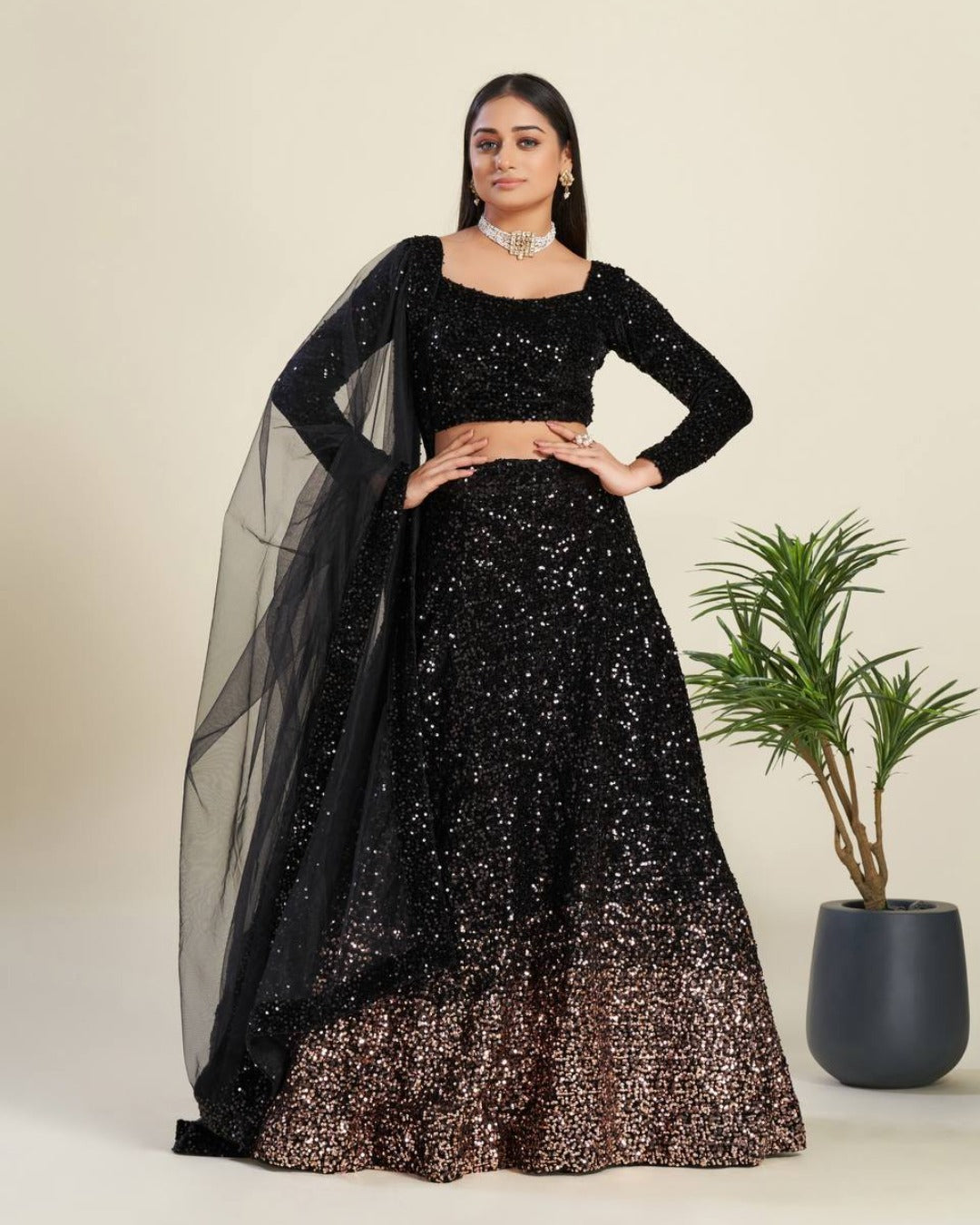 AMAZING BLACK SEQUENCE VELVET PARTY WEAR LEHENGA CHOLI WITH DUPATTA