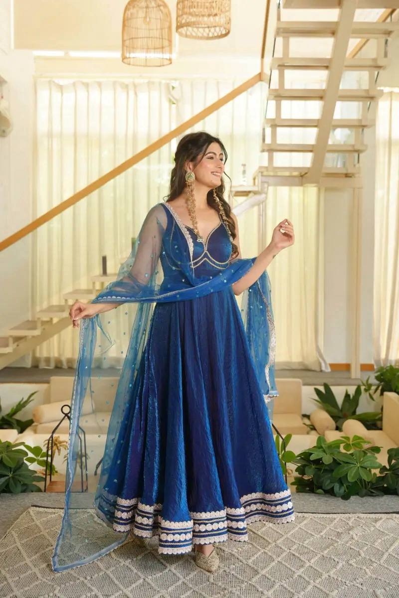 REGAL BLUE FENDY SILK HEAVY LACE WORK 7 METER FLARED GOWN SET