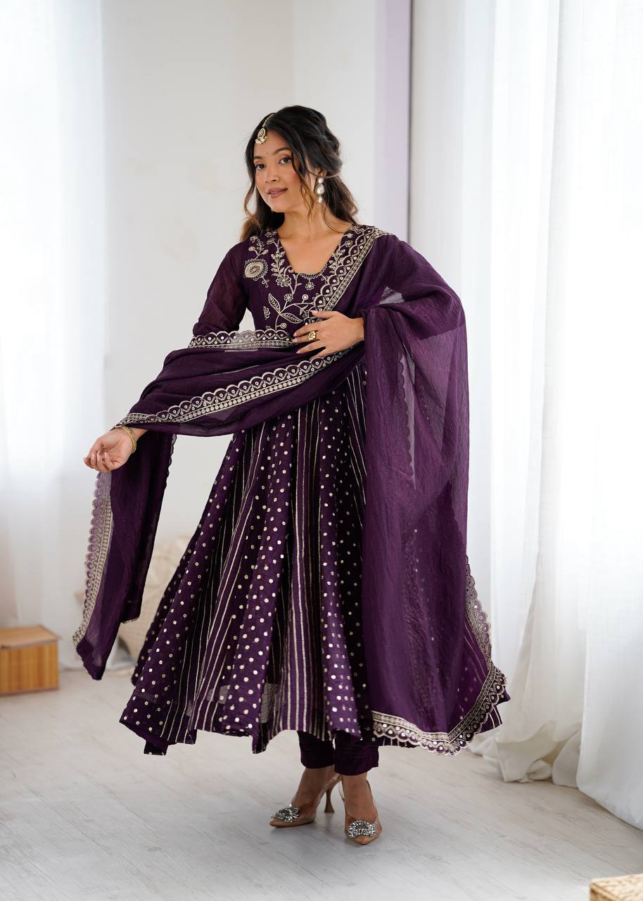 FESTIVE SPECIAL PURPLE COLOR CRUNCHY SILK ANARKALI SUIT SET OF 3