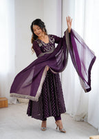 FESTIVE SPECIAL PURPLE COLOR CRUNCHY SILK ANARKALI SUIT SET OF 3