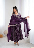 FESTIVE SPECIAL PURPLE COLOR CRUNCHY SILK ANARKALI SUIT SET OF 3