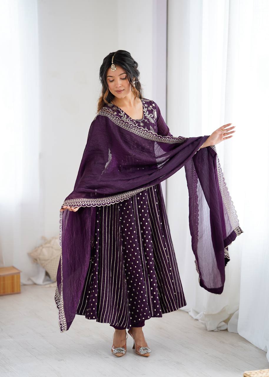 FESTIVE SPECIAL PURPLE COLOR CRUNCHY SILK ANARKALI SUIT SET OF 3