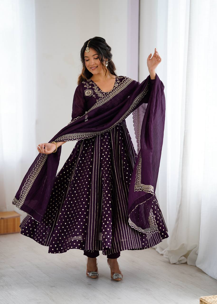 FESTIVE SPECIAL PURPLE COLOR CRUNCHY SILK ANARKALI SUIT SET OF 3