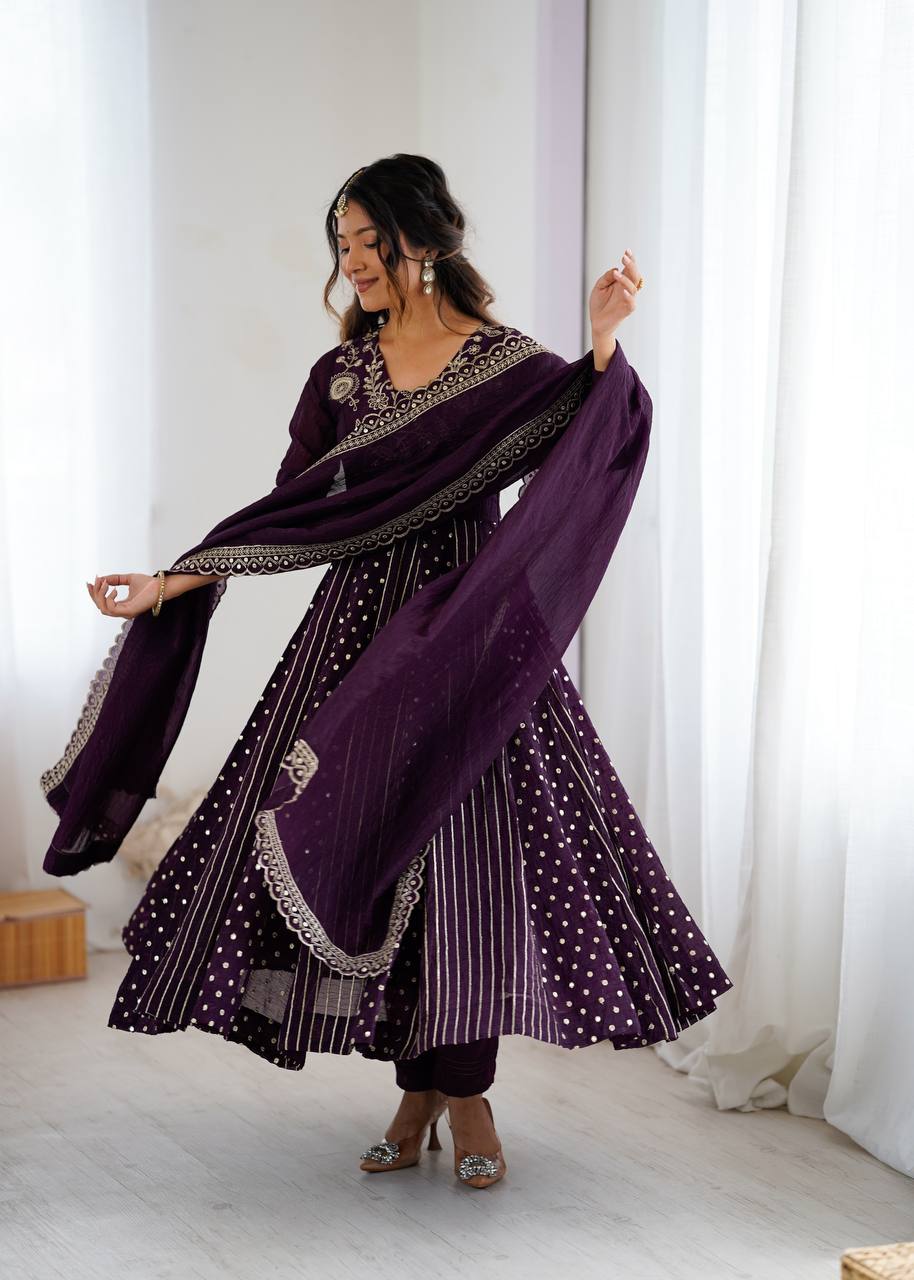 FESTIVE SPECIAL PURPLE COLOR CRUNCHY SILK ANARKALI SUIT SET OF 3