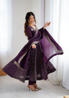 FESTIVE SPECIAL PURPLE COLOR CRUNCHY SILK ANARKALI SUIT SET OF 3
