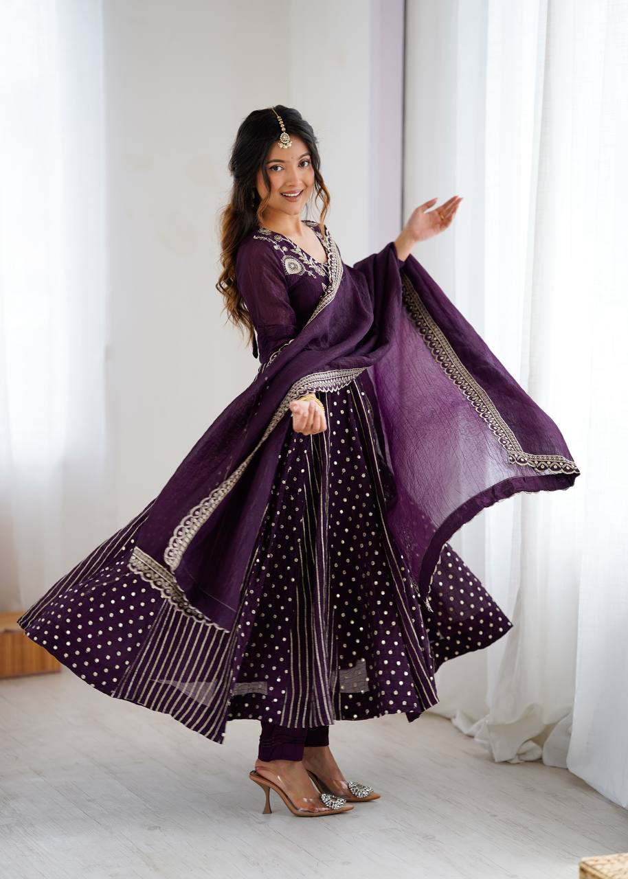 FESTIVE SPECIAL PURPLE COLOR CRUNCHY SILK ANARKALI SUIT SET OF 3