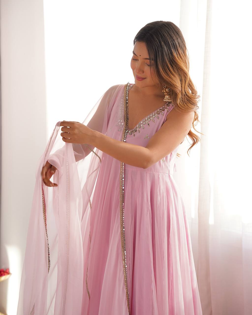 DESIGNER LOOK FAUX GEORGETTE BASE REAL MIRROR WORK ANARKALI SUIT SET OF 3