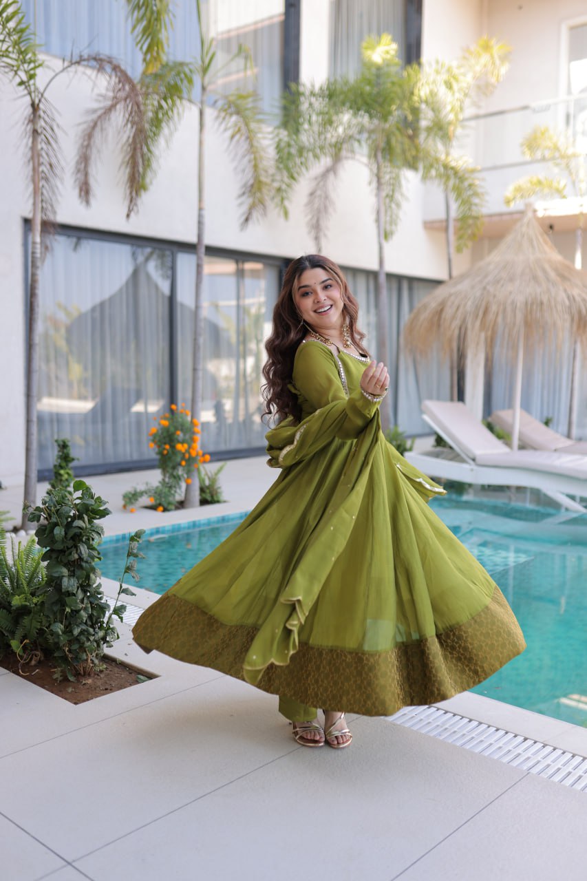 GREEN COLOR MUL CHANDERI FABRIC BASE ANARKALI SUIT SET OF 3