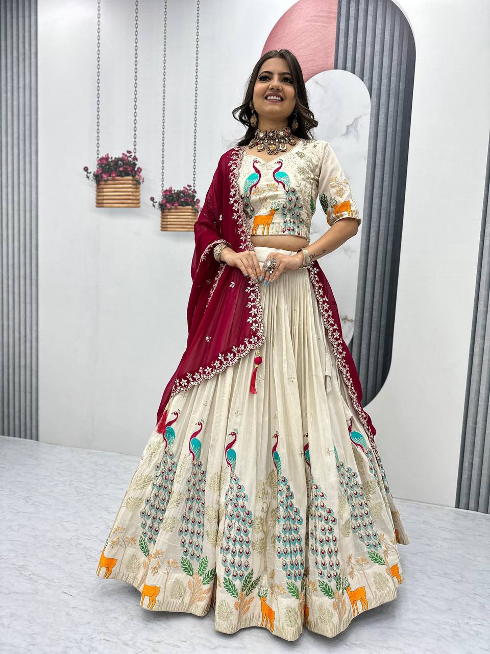 OFF WHITE PEACOCK DESIGN TISSUE SILK BASE EMBROIDERED WORK LEHENGA FOR WEDDING