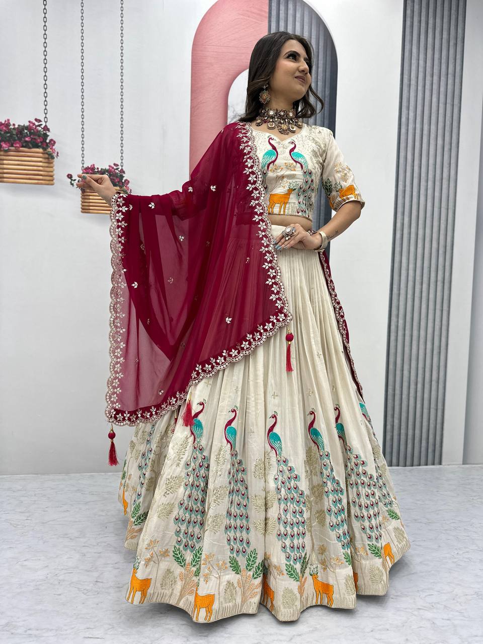 OFF WHITE PEACOCK DESIGN TISSUE SILK BASE EMBROIDERED WORK LEHENGA FOR WEDDING
