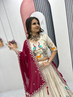 OFF WHITE PEACOCK DESIGN TISSUE SILK BASE EMBROIDERED WORK LEHENGA FOR WEDDING