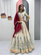 OFF WHITE PEACOCK DESIGN TISSUE SILK BASE EMBROIDERED WORK LEHENGA FOR WEDDING