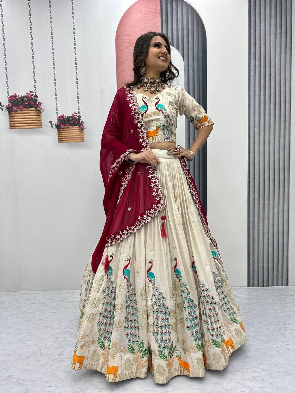 OFF WHITE PEACOCK DESIGN TISSUE SILK BASE EMBROIDERED WORK LEHENGA FOR WEDDING