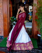 WHITE COLOR CHEX WITH ZARI WEAVING WORK POLY COTTON WEDDING LEHENGA CHOLI