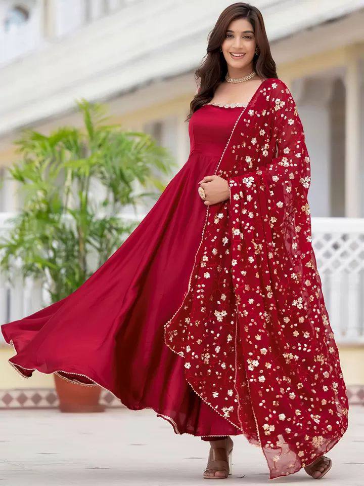 GORGEOUS MAROON HEAVY FAUX GEORGETTE WITH FULLY FLAIR ANARKALI SUIT SET OF 3