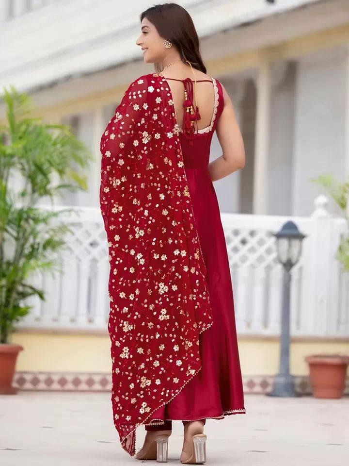 GORGEOUS MAROON HEAVY FAUX GEORGETTE WITH FULLY FLAIR ANARKALI SUIT SET OF 3