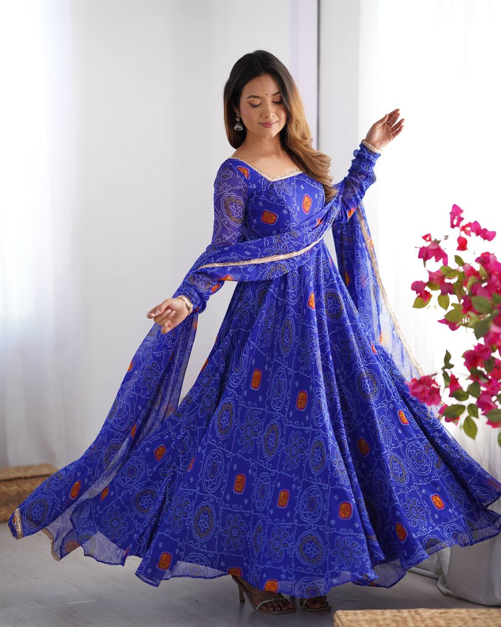 ROYAL BLUE COLOR BANDHEJ PRINT SOFT CHIFFON ANARKALI SUIT SET OF 3