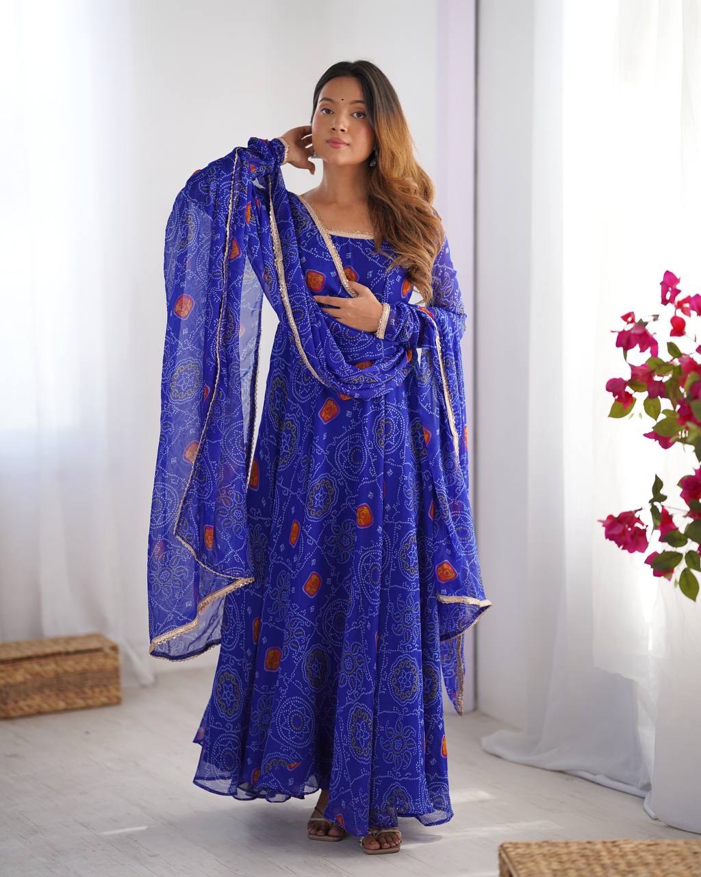 ROYAL BLUE COLOR BANDHEJ PRINT SOFT CHIFFON ANARKALI SUIT SET OF 3