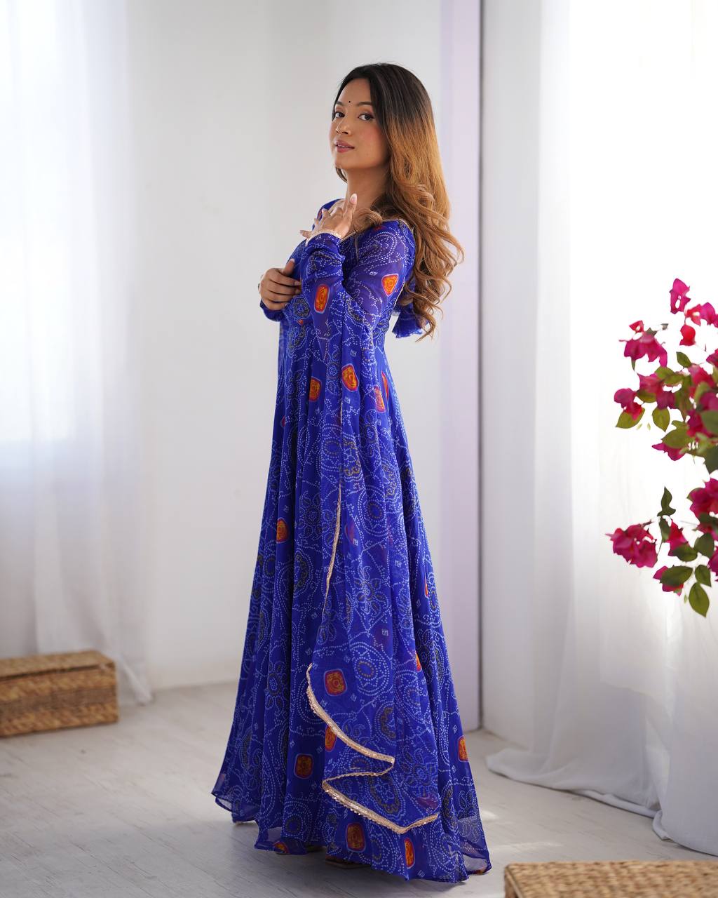 ROYAL BLUE COLOR BANDHEJ PRINT SOFT CHIFFON ANARKALI SUIT SET OF 3
