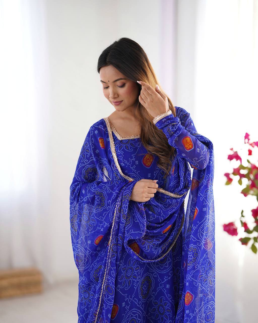 ROYAL BLUE COLOR BANDHEJ PRINT SOFT CHIFFON ANARKALI SUIT SET OF 3