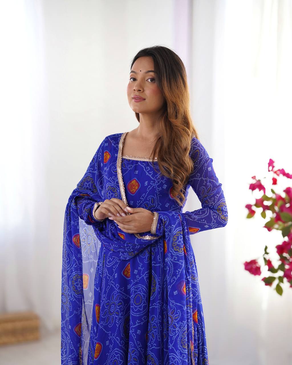 ROYAL BLUE COLOR BANDHEJ PRINT SOFT CHIFFON ANARKALI SUIT SET OF 3
