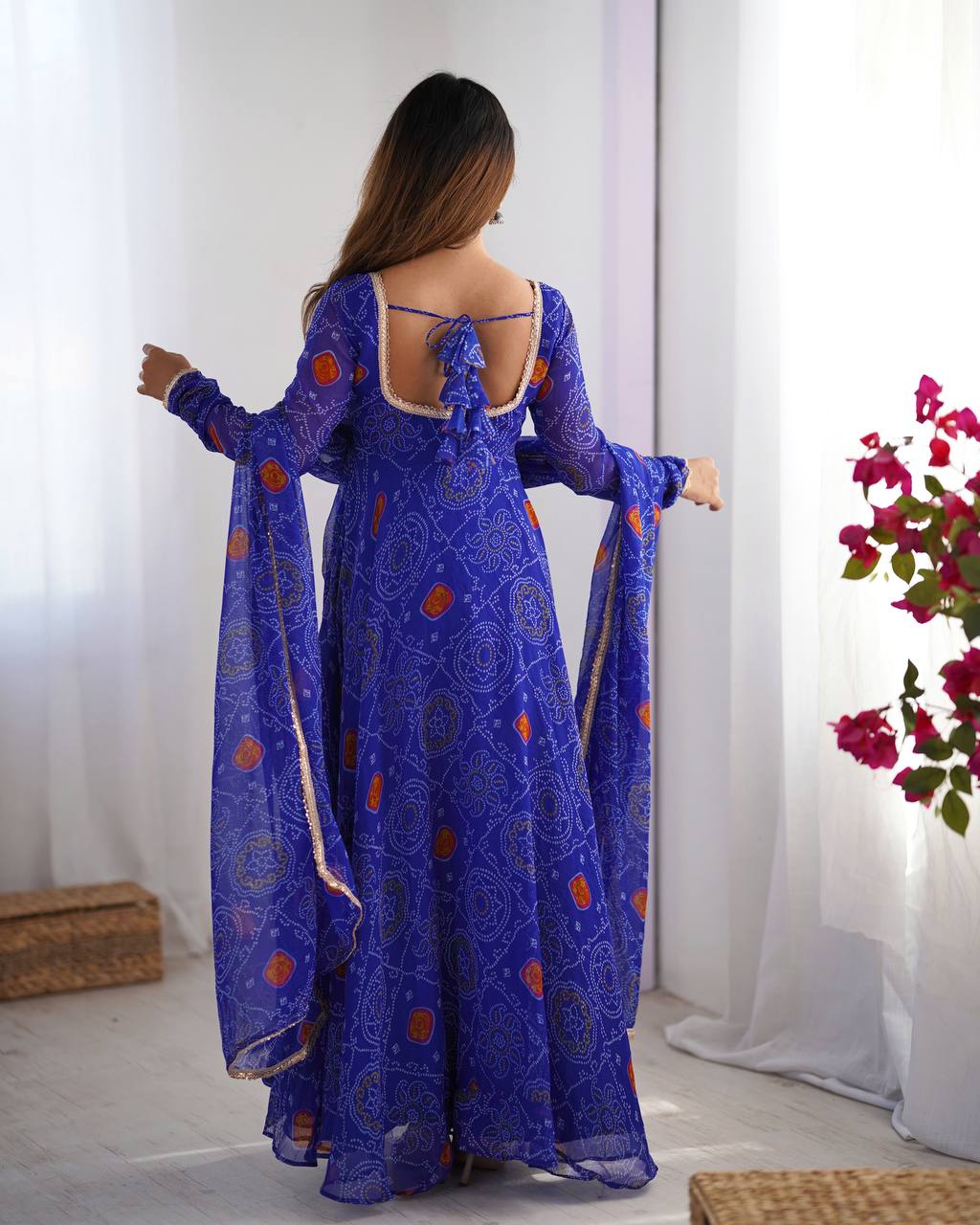ROYAL BLUE COLOR BANDHEJ PRINT SOFT CHIFFON ANARKALI SUIT SET OF 3