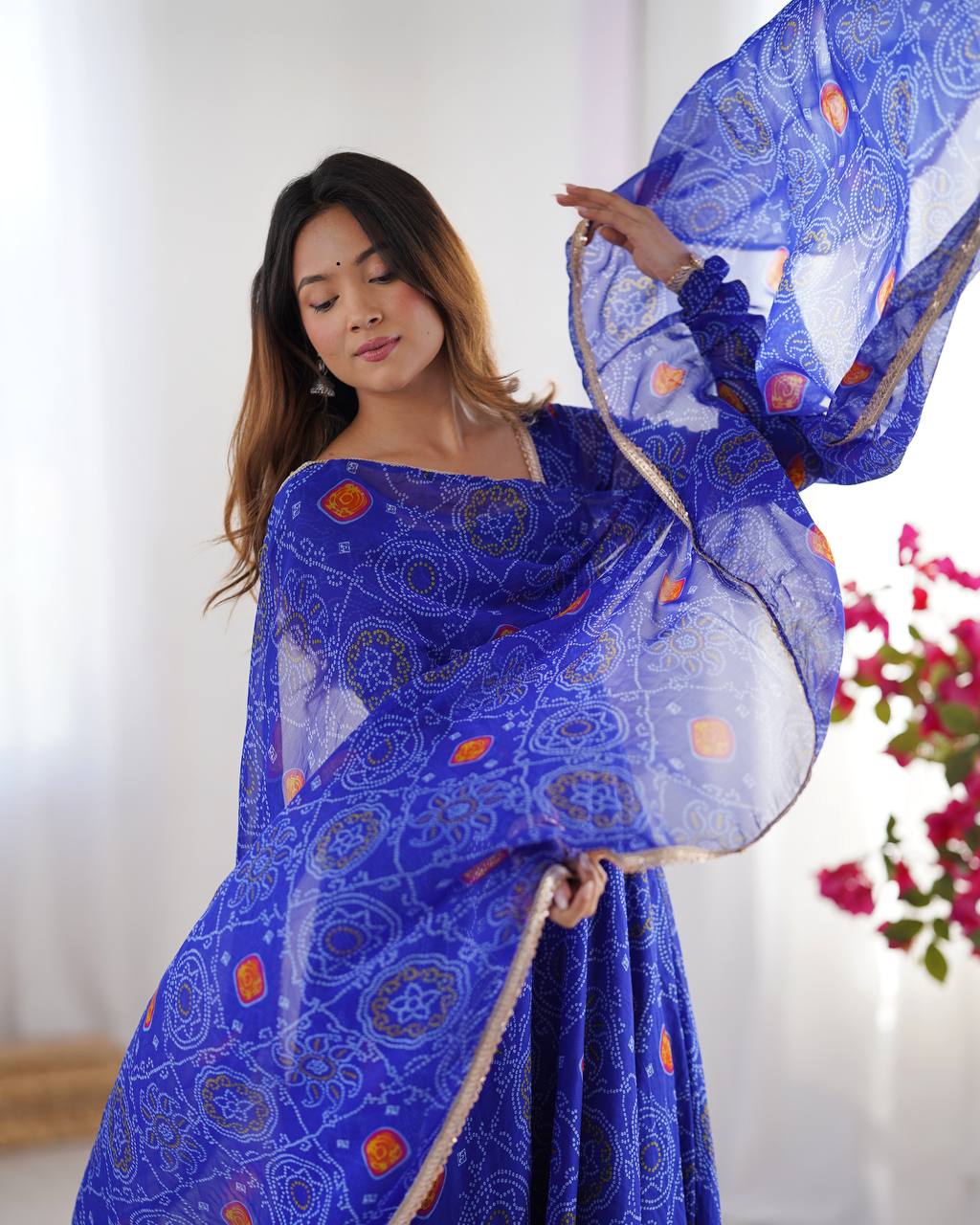 ROYAL BLUE COLOR BANDHEJ PRINT SOFT CHIFFON ANARKALI SUIT SET OF 3