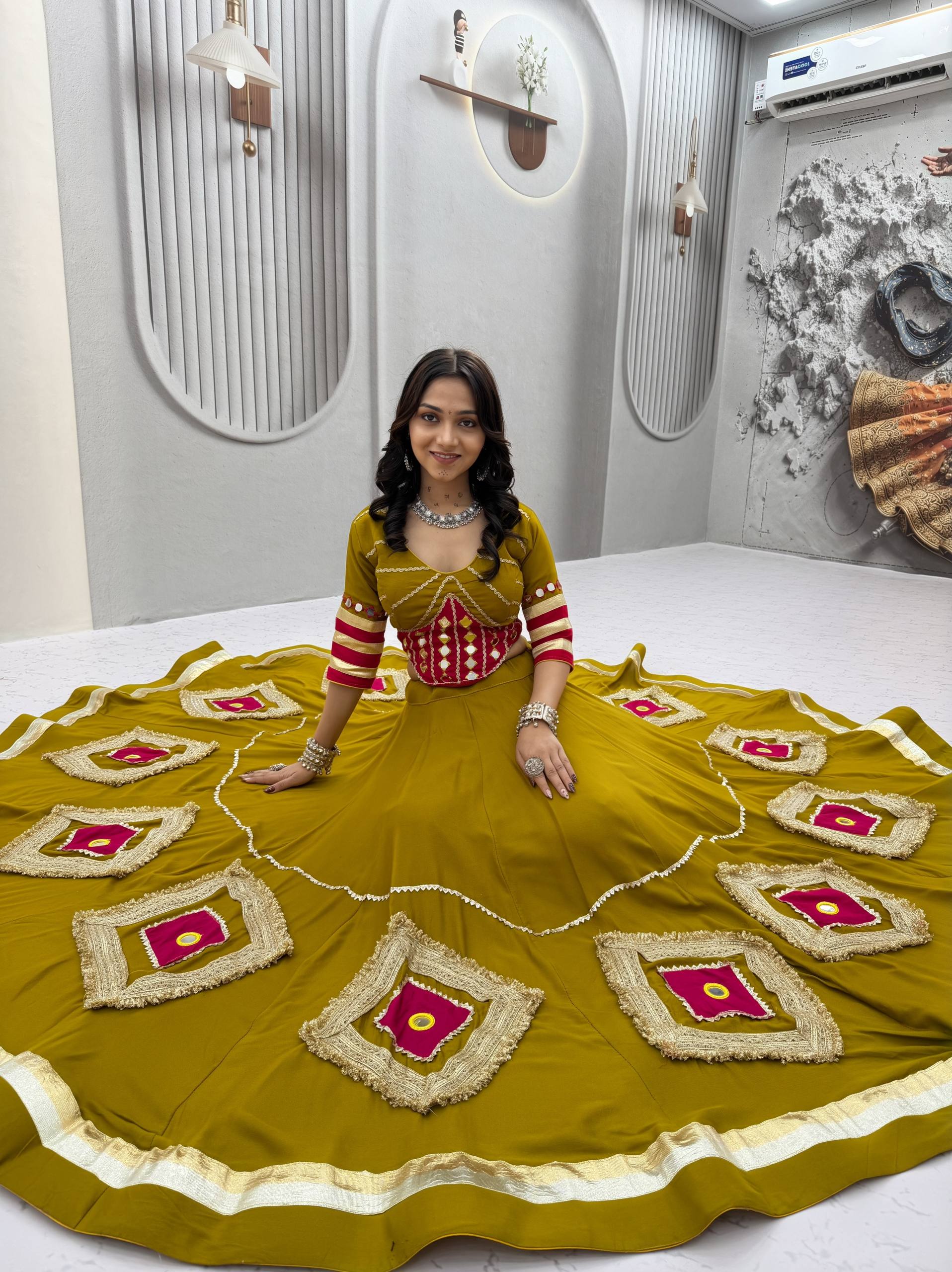 ROYAL MUSTARD MIRROR WORK COTTON BASE NAVRATRI LEHENGA SET