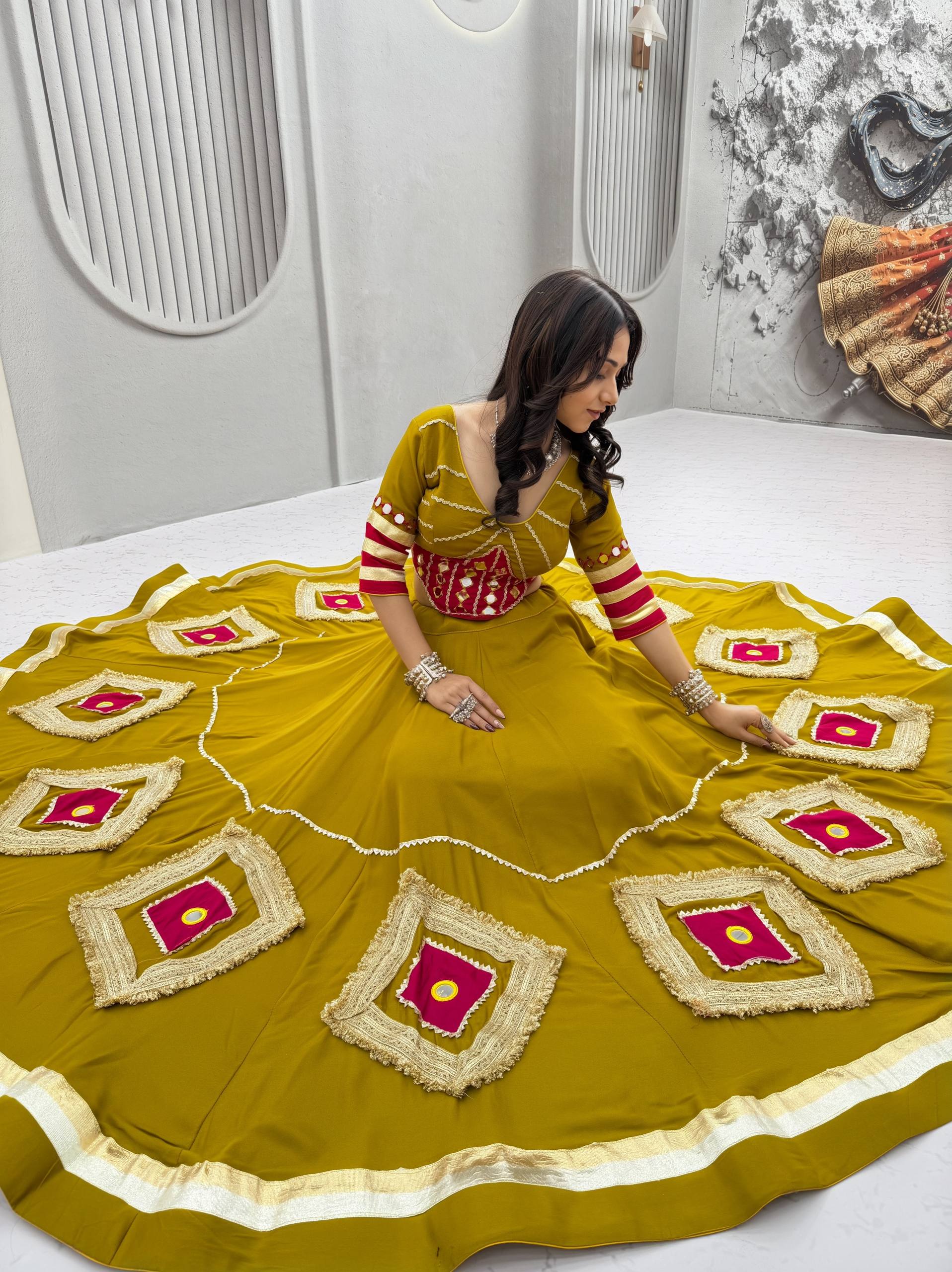 ROYAL MUSTARD MIRROR WORK COTTON BASE NAVRATRI LEHENGA SET
