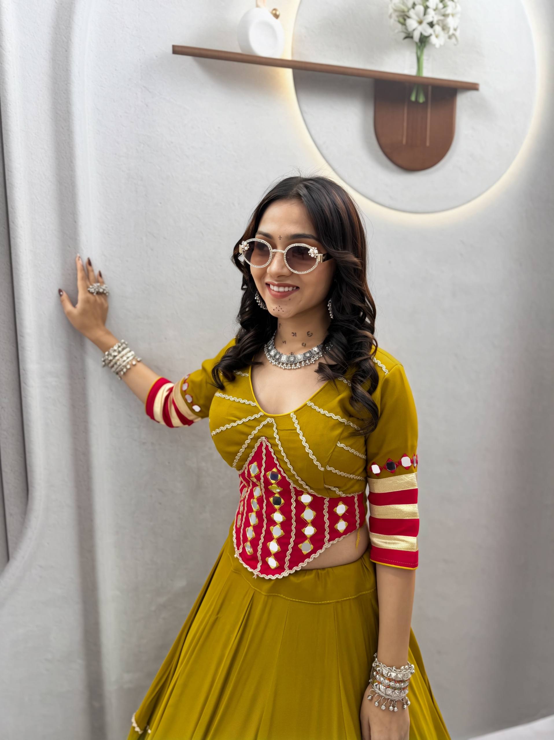 ROYAL MUSTARD MIRROR WORK COTTON BASE NAVRATRI LEHENGA SET
