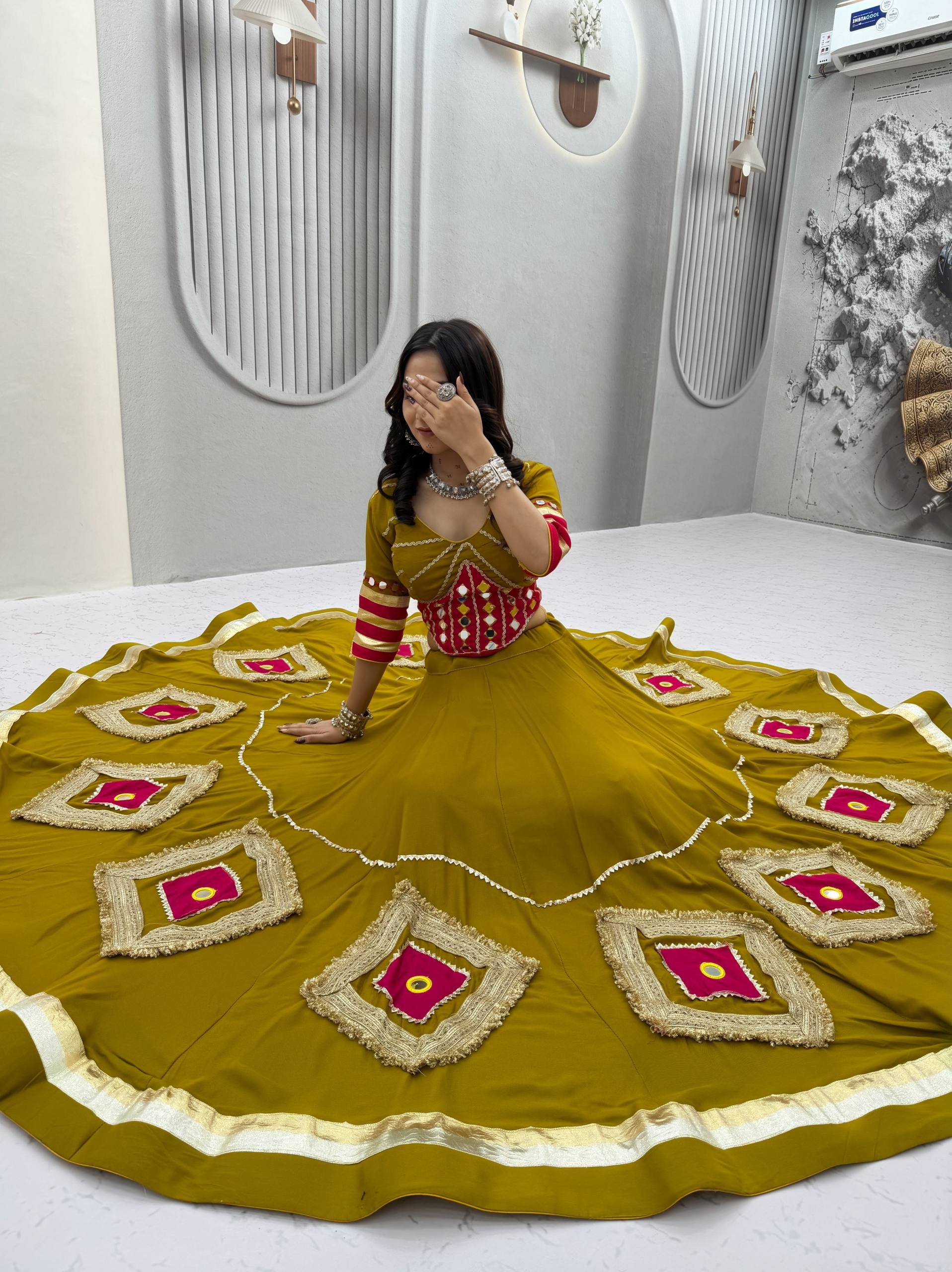 ROYAL MUSTARD MIRROR WORK COTTON BASE NAVRATRI LEHENGA SET