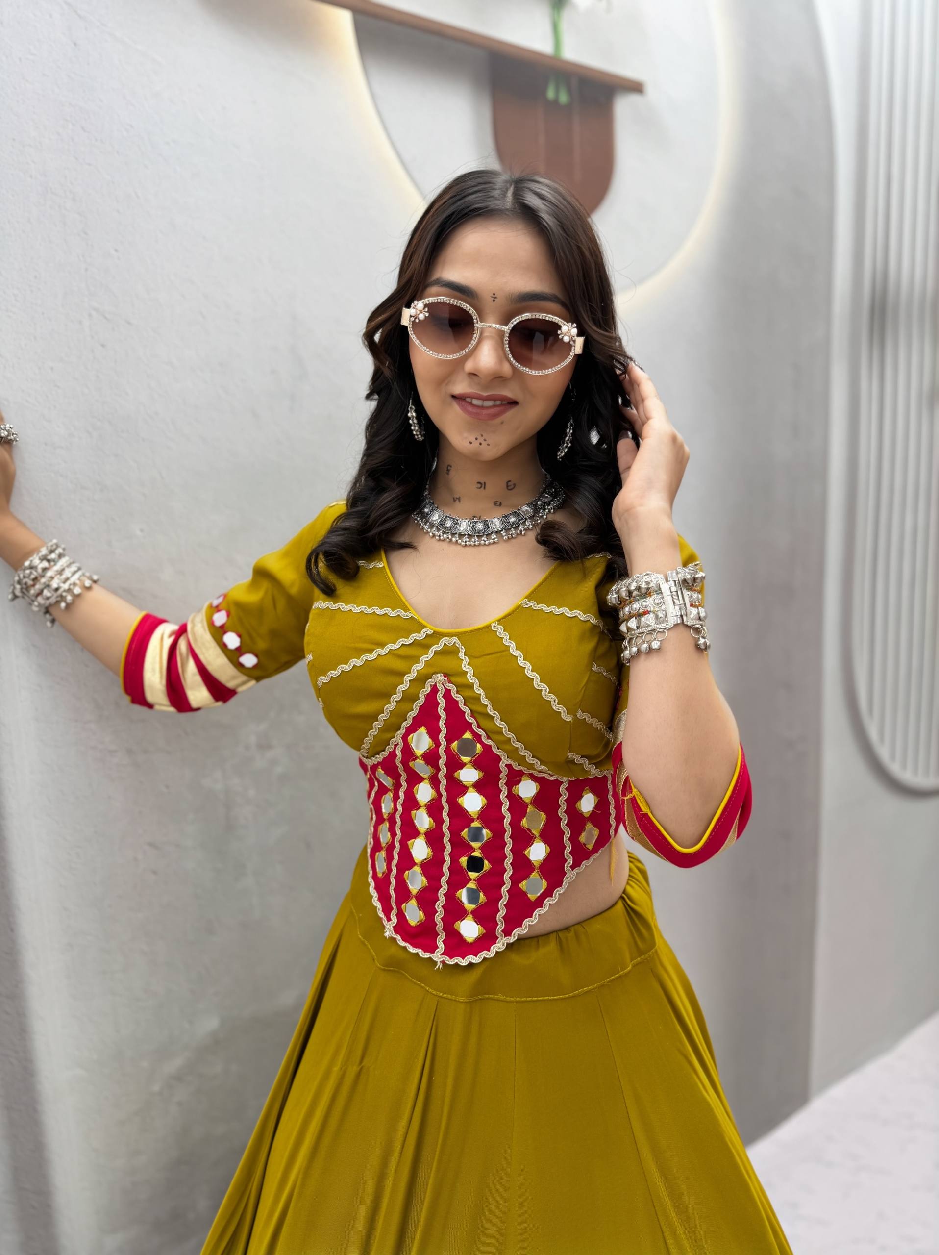 ROYAL MUSTARD MIRROR WORK COTTON BASE NAVRATRI LEHENGA SET