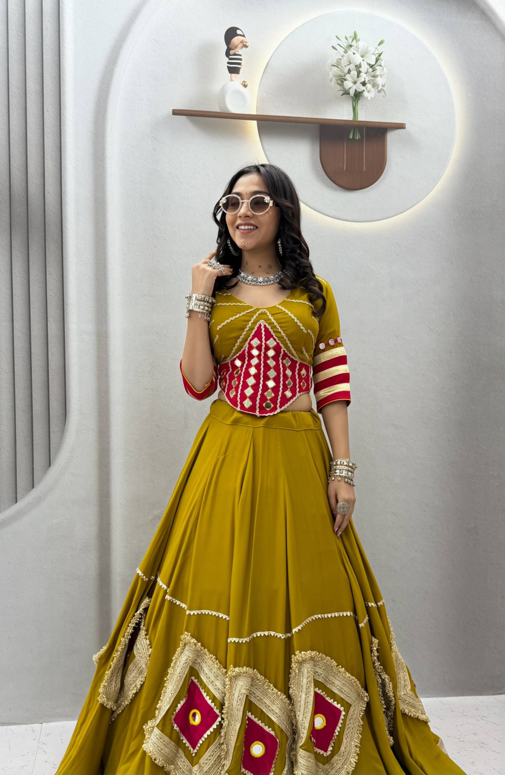 ROYAL MUSTARD MIRROR WORK COTTON BASE NAVRATRI LEHENGA SET