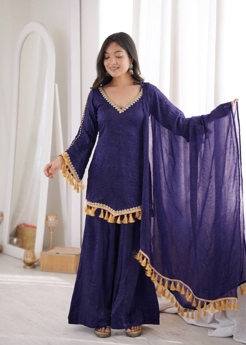 PURPLE DESIGNER KURTA PALAZZO SET WITH TASSEL DUPATTA