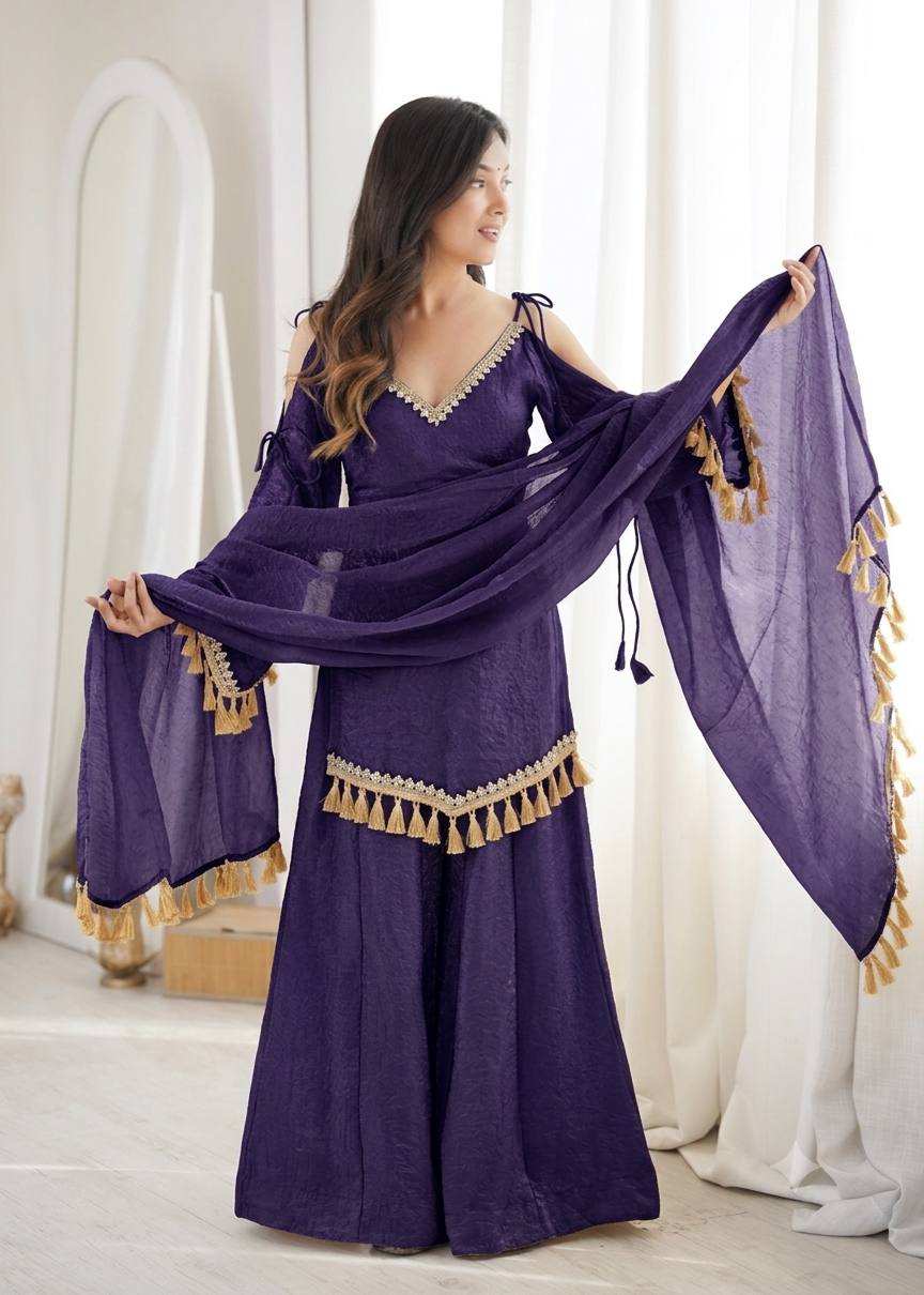 PURPLE DESIGNER KURTA PALAZZO SET WITH TASSEL DUPATTA