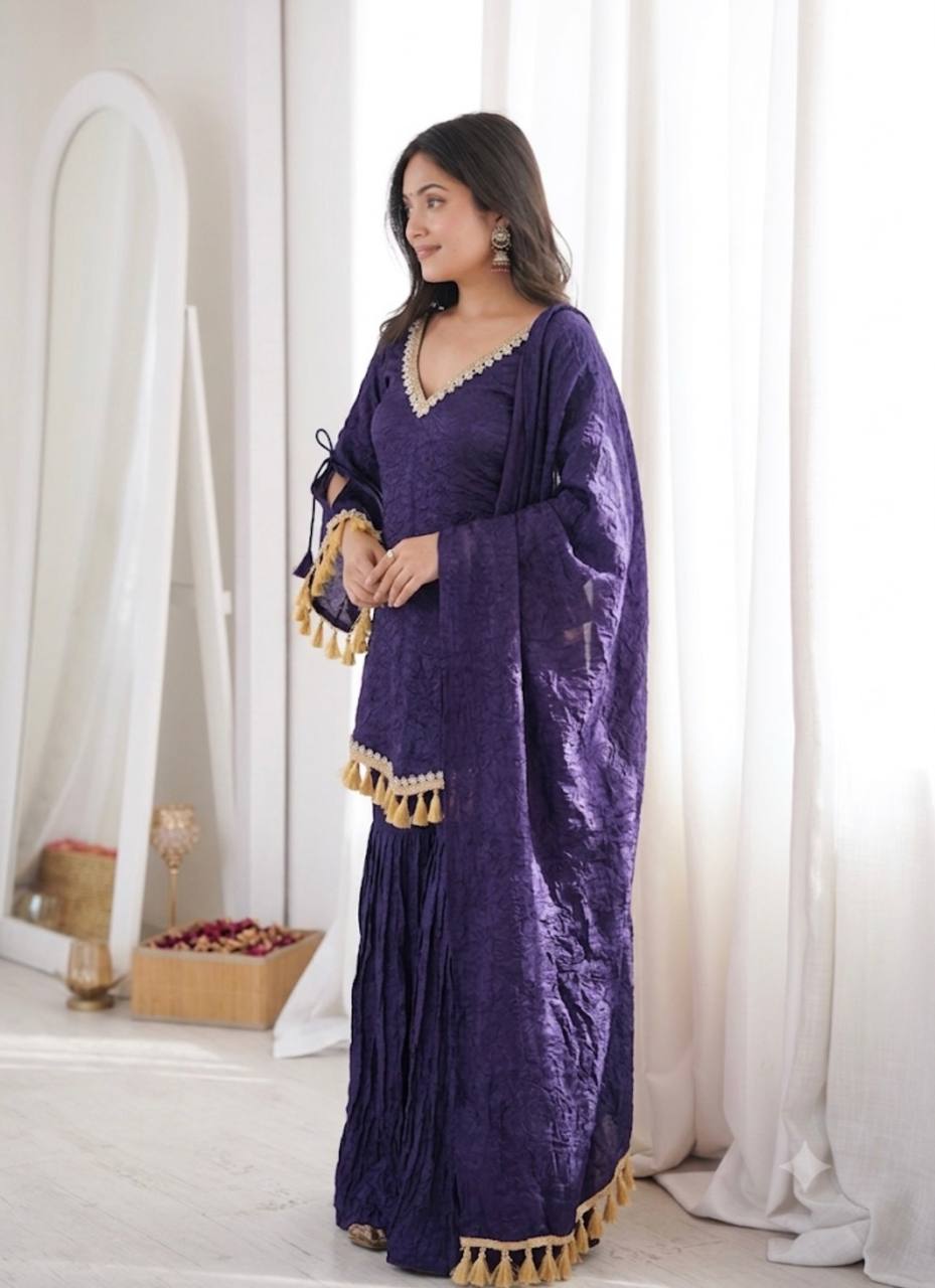 PURPLE DESIGNER KURTA PALAZZO SET WITH TASSEL DUPATTA