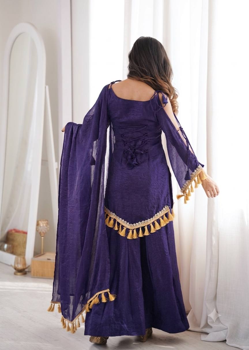 PURPLE DESIGNER KURTA PALAZZO SET WITH TASSEL DUPATTA