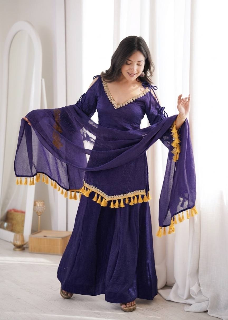 PURPLE DESIGNER KURTA PALAZZO SET WITH TASSEL DUPATTA