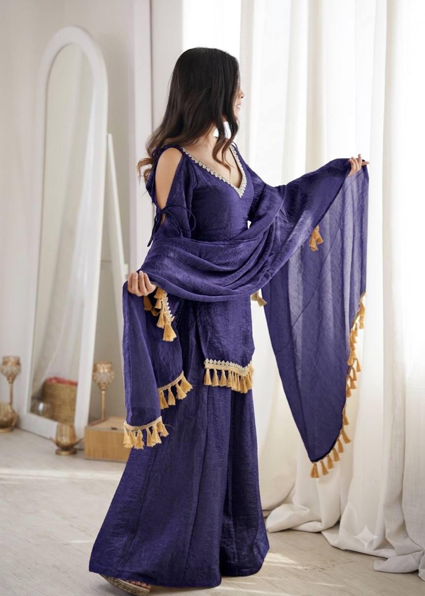 PURPLE DESIGNER KURTA PALAZZO SET WITH TASSEL DUPATTA