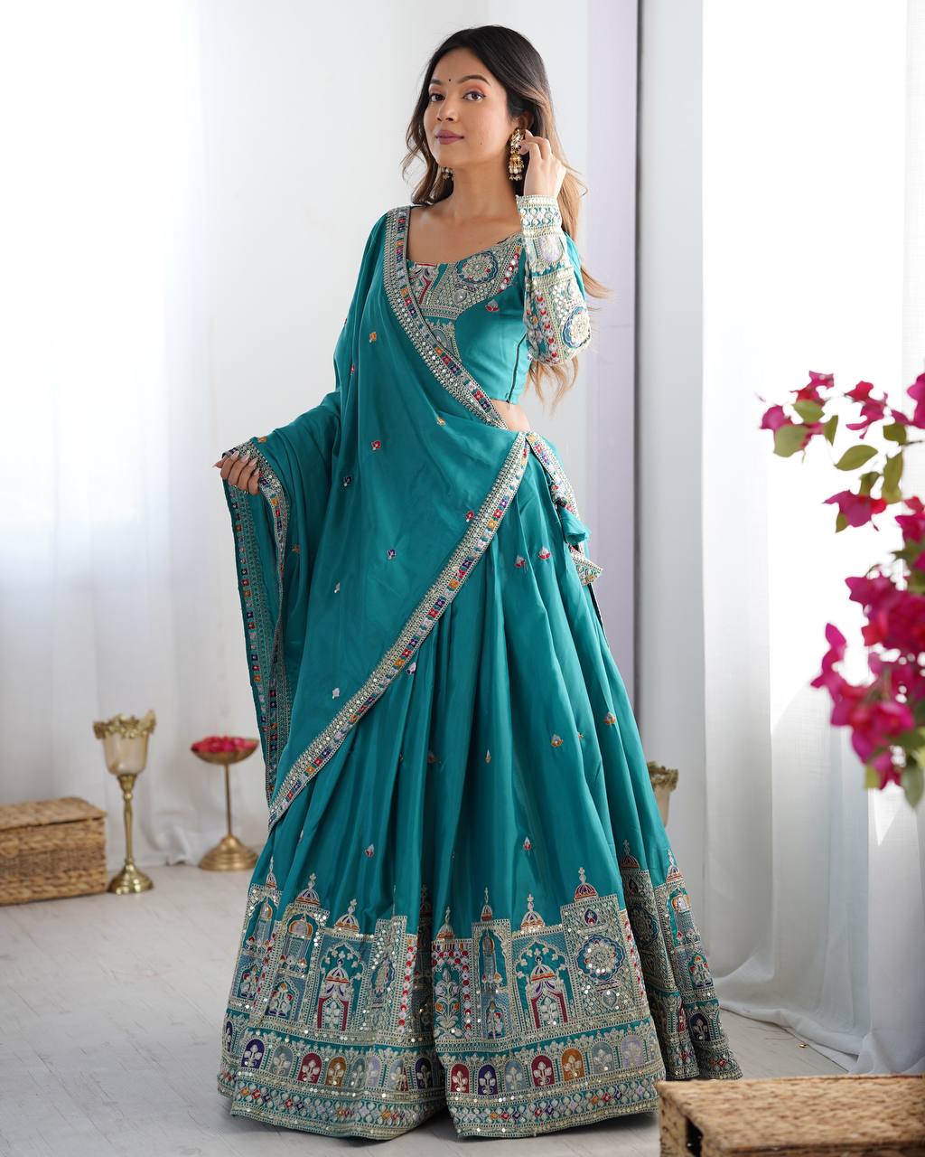 BOTTLE GREEN COLOR NATURAL CREPE SILK LEHENGA CHOLI