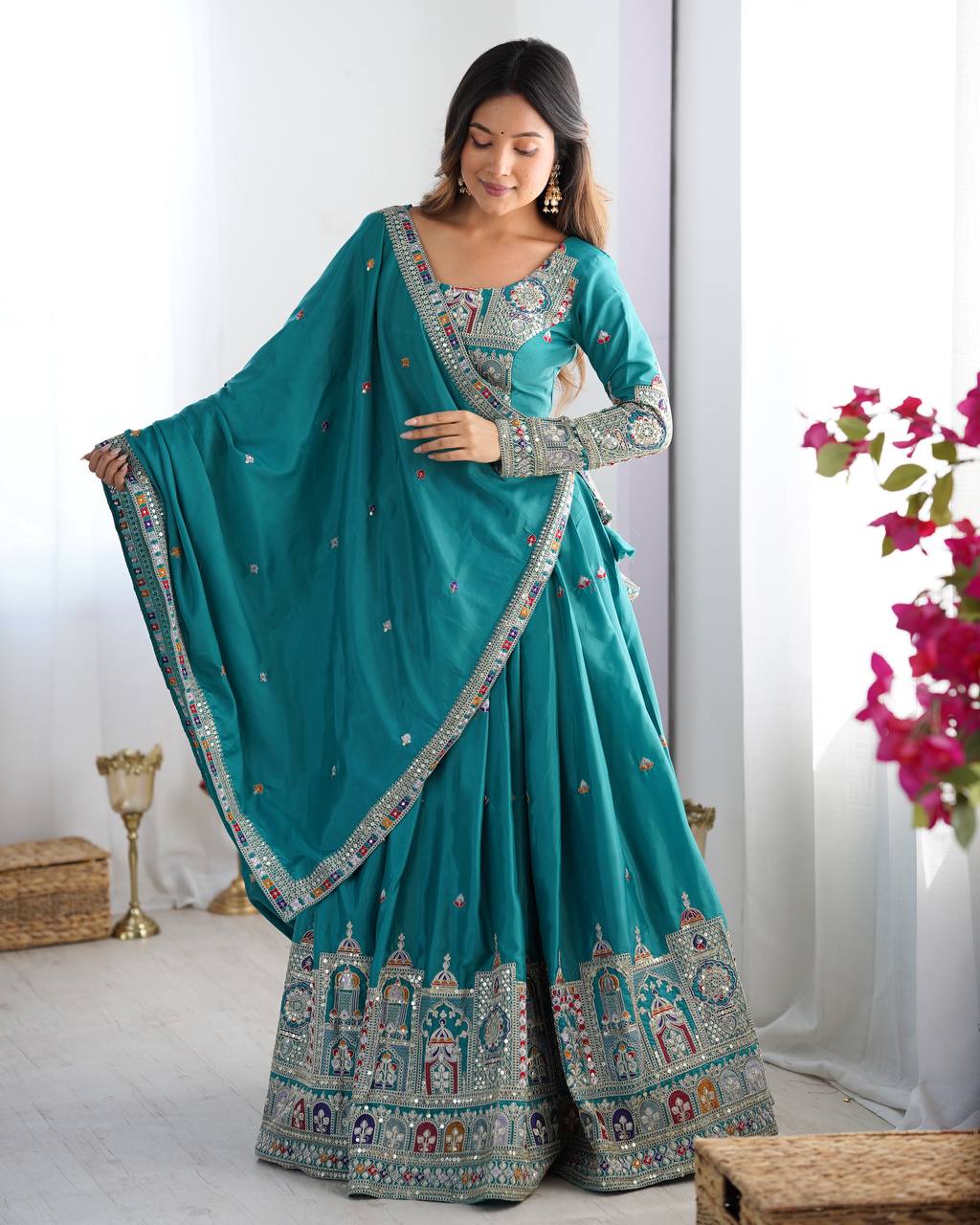 BOTTLE GREEN COLOR NATURAL CREPE SILK LEHENGA CHOLI
