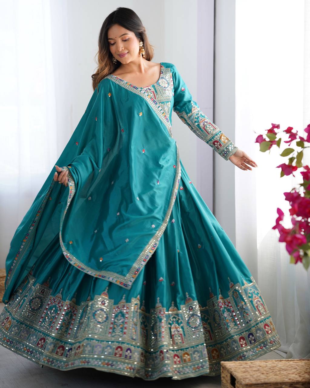 BOTTLE GREEN COLOR NATURAL CREPE SILK LEHENGA CHOLI