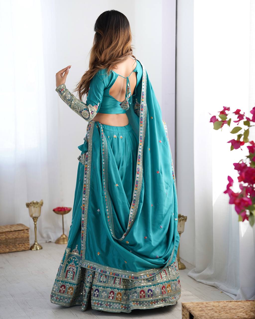 BOTTLE GREEN COLOR NATURAL CREPE SILK LEHENGA CHOLI