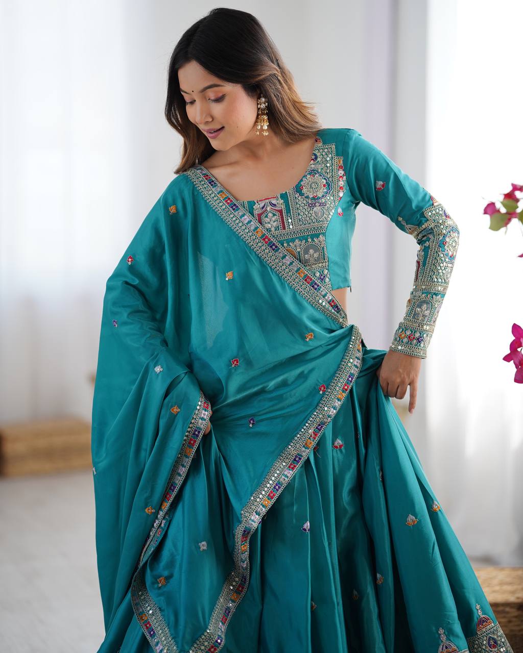 BOTTLE GREEN COLOR NATURAL CREPE SILK LEHENGA CHOLI