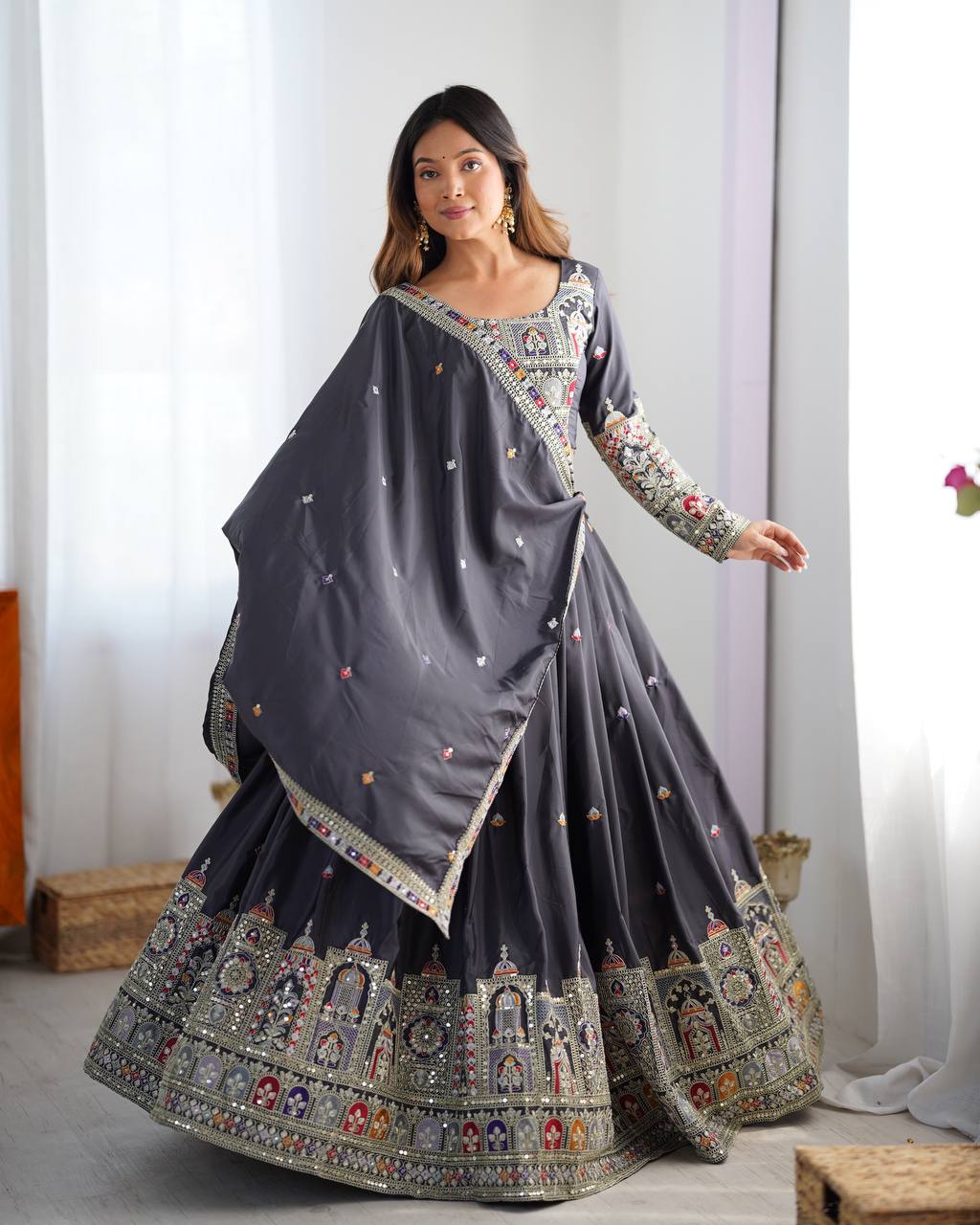 BLACK COLOR NATURAL CREPE SILK LEHENGA CHOLI