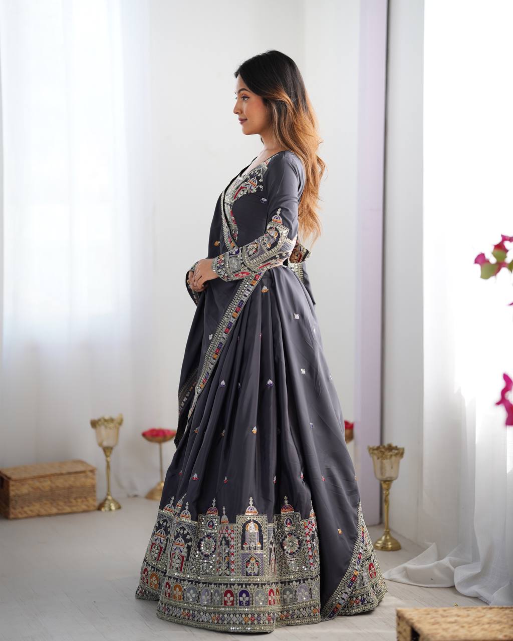 BLACK COLOR NATURAL CREPE SILK LEHENGA CHOLI