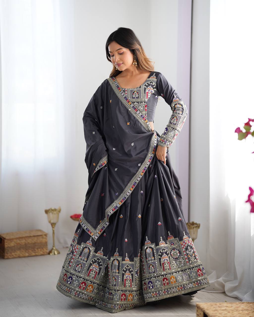 BLACK COLOR NATURAL CREPE SILK LEHENGA CHOLI