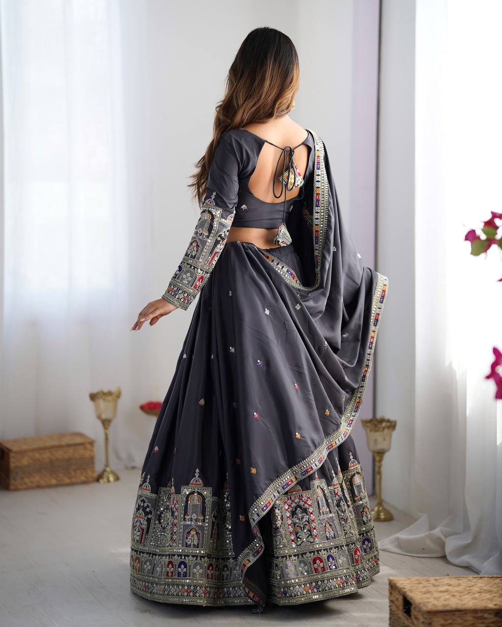 BLACK COLOR NATURAL CREPE SILK LEHENGA CHOLI