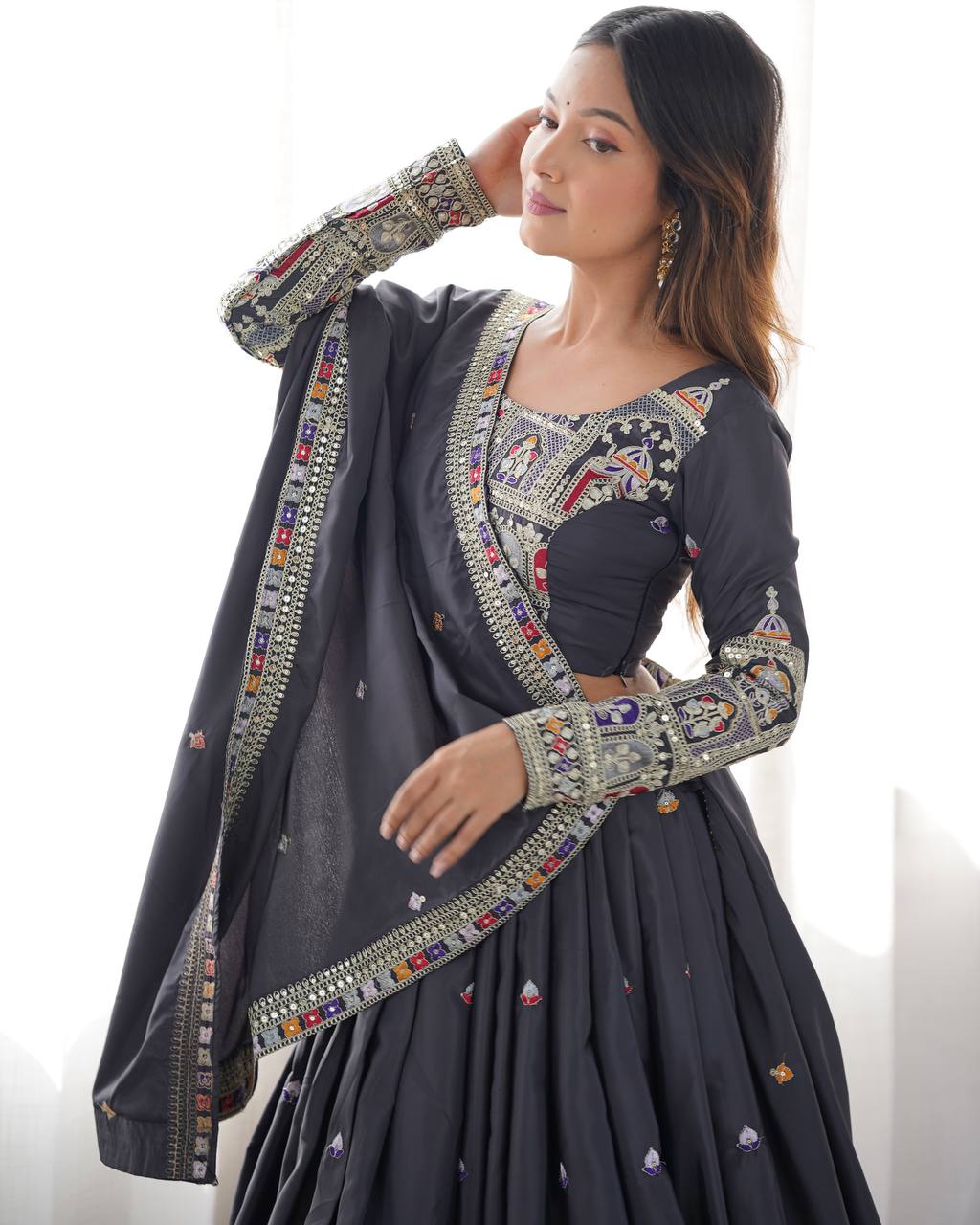 BLACK COLOR NATURAL CREPE SILK LEHENGA CHOLI
