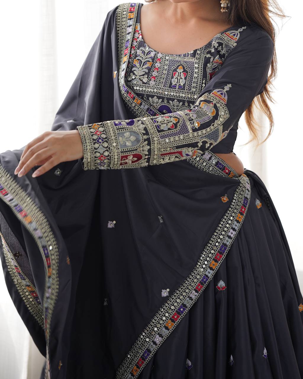 BLACK COLOR NATURAL CREPE SILK LEHENGA CHOLI